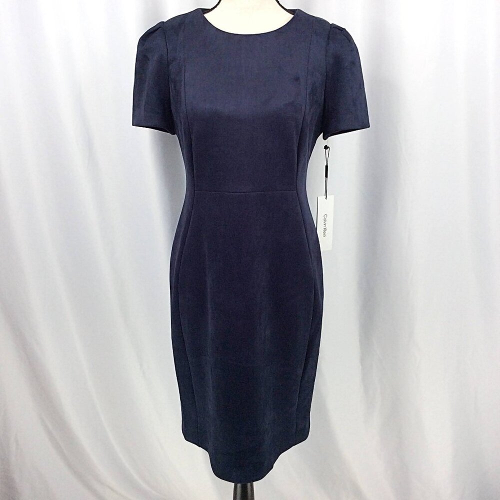 NWT Calvin Klein Navy Blue Short Sleeve‎ Sheath Dress Women's Size 10 Microfiber